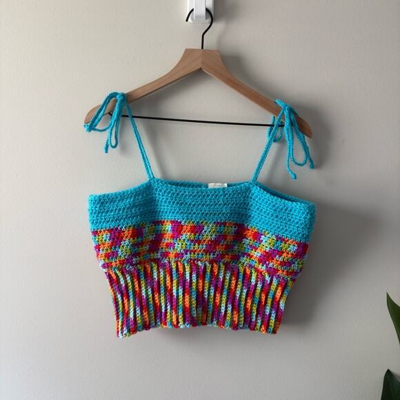 Handmade Crochet Adjustable Tie Strap Crop Top 100% Recycled Rainbow Tank Cami L - Picture 6 of 13